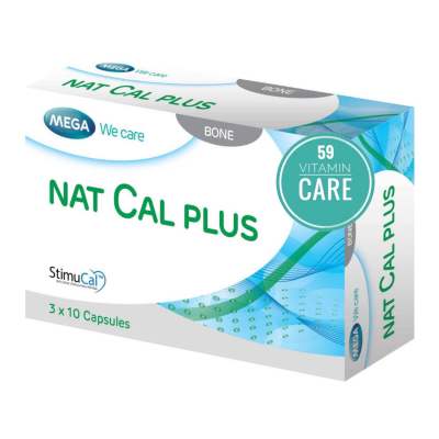 MEGA We Care Nat Cal Plus 30 Capsules แนท แคล พลัส (ผลิตภัณฑ์เสริมอาหาร) สำหรับบำรุงกระดูก มีแคลเซียม วิตามินD3 และ วิตามิน K2 บรรตุ 30 แคปซูล/กล่อง