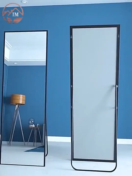 กระจกยาว 160cm กระจกส่องเต็มตัว สีขาว วงเล็บโลหะ กรอบแคบพิเศษ ล้อ ตั้งพื้นหรือแขวนผนังห้องได้