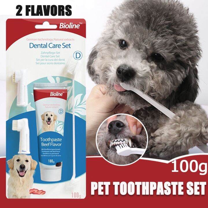 Pet Toothpaste Set Bioline Dog Cat Toothbrush Oral Cleaning with Multi ...