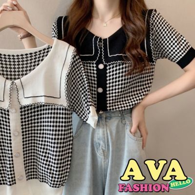 AVAFASHION🧸เสื้อแฟชั่นแขนสั้น แต่งกระดุมหน้า คอปก ผ้าไหมพรมลายตาราง น่ารัก สไตล์เกาหลี