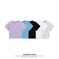 Anamone เสื้อยืดผู้หญิงผ้าฝ้ายแท้ไหล่ตรงสีพื้นเสื้อตัวสั้นแขนสั้นเข้ารูปลำลองแมทช์ลุคง่ายใส่ช่วงฤดูร้อนสำหรับคนตัวเล็ก