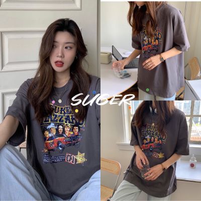 Suger เสื้อ สายวินเทจ เสื้อสกีนลาย เสื้อสีเทาสไตล์เกาหลี เสื้อยืดนิ่ม แขนสั้นแฟชั่น เนื้อผ้าดี 030