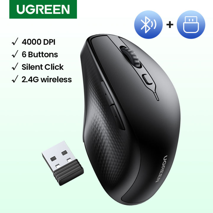 UGREEN 2.4G Bluetooth Mouse Wireless Ergonomic Mouse 4000 DPI Silent 6  Buttons For MacBook Tablet Laptop Mute Mice Quiet Mouse Model: 90395