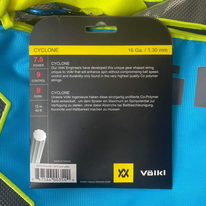 เอ็นไม้เทนนิส-volkl-cyclone-16g-1-3-mm-12-metre-co-polymer-strings-40ft-สีดำ-เหลือง-ส้ม