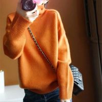 利[off Season Promotional] Orange Cashmere Sweater Female High Collar Warm Pullover Sweater Loose Laziness Knit Low Waist Jersey