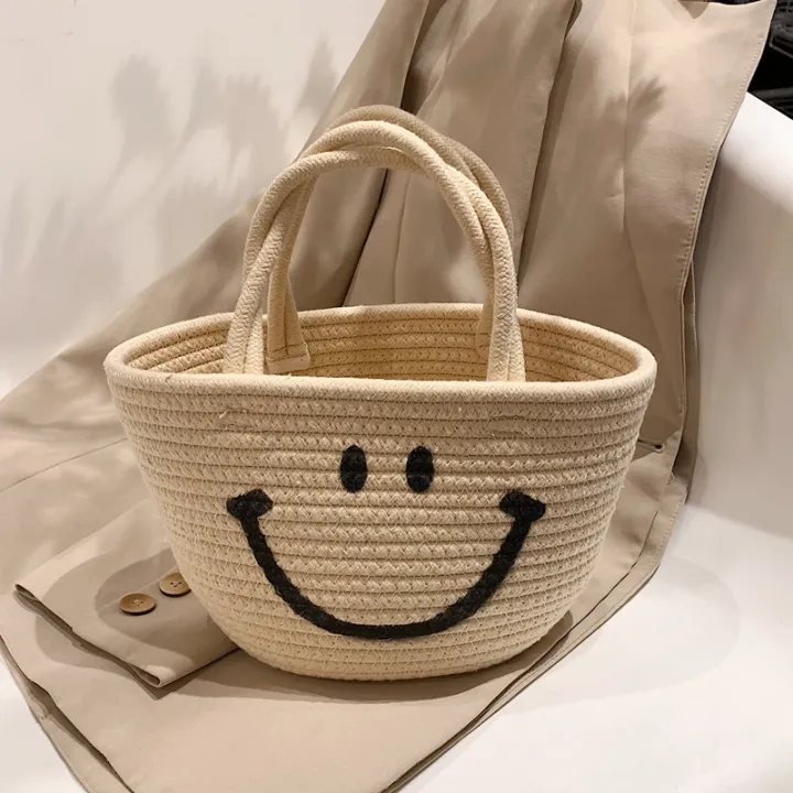 smiley face straw summer tote bag