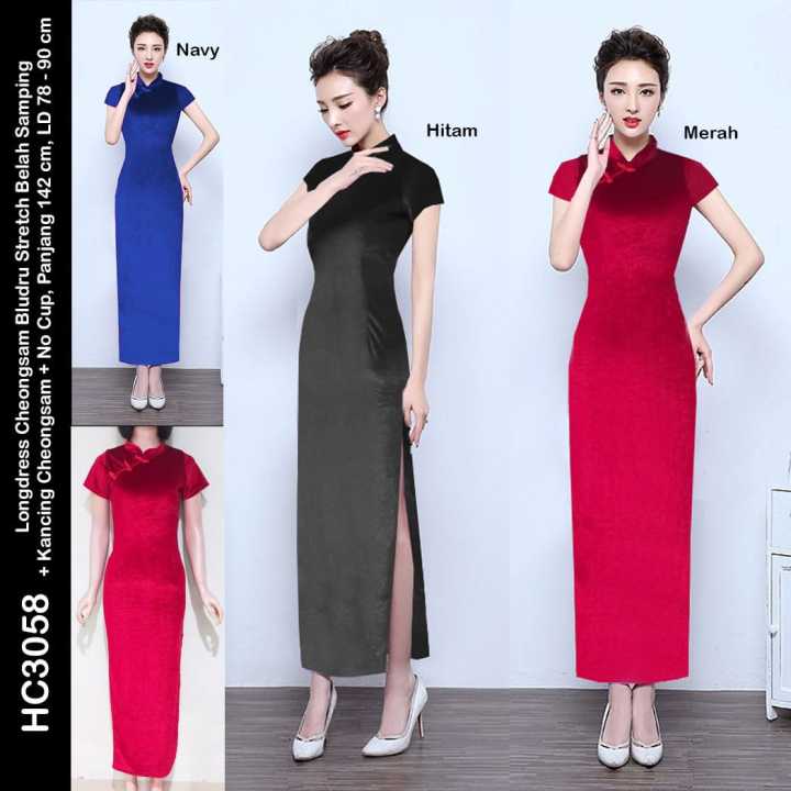 Longdress Bludru Duyung Cheongsam Belah Depan Kancing Cheongsam No Cup Bra Stretch Fitt To L 7499