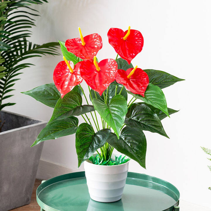 Red Palm Artificial Flower Pot Set Plastic Flower Artificial Flower