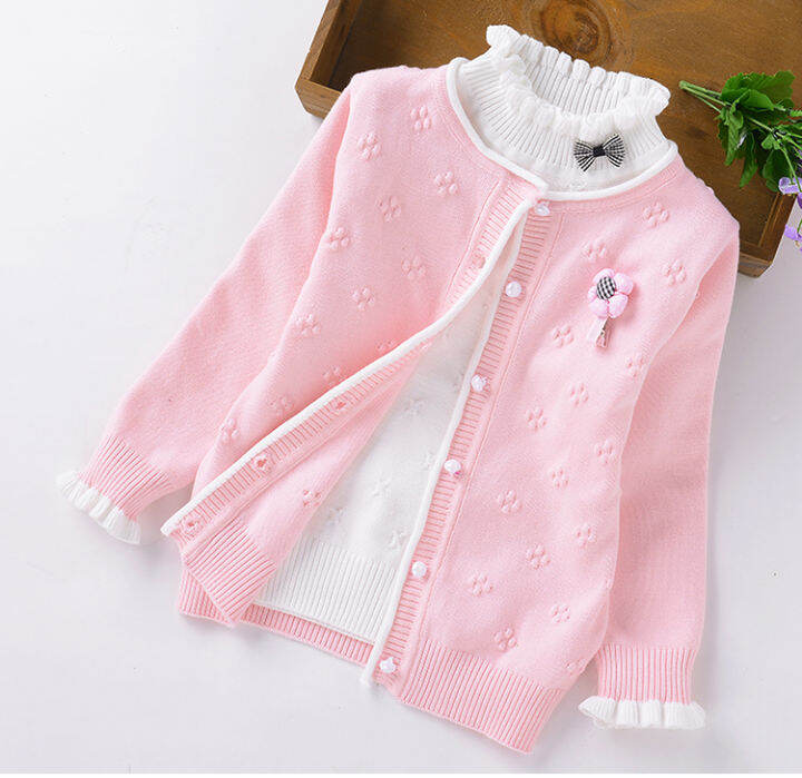 Girls' Sweater Cardigan Spring and Autumn Pure Cotton Sweater Big Children Little Girls Western