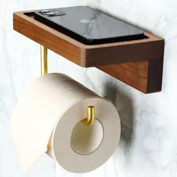 Wooden Toilet Paper Holder With Phone Shelf Solid Wood Wall Mount Storage  Rack
