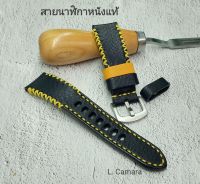 สายนาฬิกาหนังแท้ หนังวัวฟอกฝาดอิตาลี สีดำ ตกแต่งด้วยด้ายสีเหลือง Watch Straps Leather ขนาด 20, 22, 24, 26 mm. แถม!! สปริงบาร์ 1 คู่ (ผลิตในไทย)