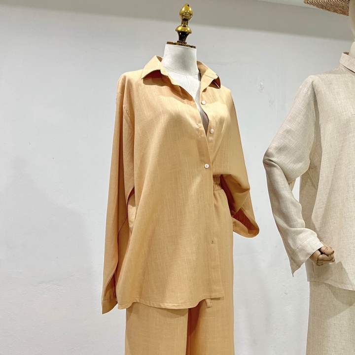 ชุดเซ็ตเสื้อเชิ้ตผ้าลินิน-oversize-มาคู่กับกางเกง-ขายาว-coco-linen-set