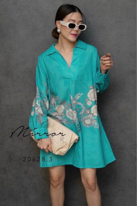 mirrorsister-20628-3-เดรสเชิ้ตคอวีมีปก-เดรสสั้น-มินิเดรส-เดรสแขนยาว-ชุดไปเที่ยว-เดรสลายดอก-ชุดทำงาน-เดรสสีสดใส