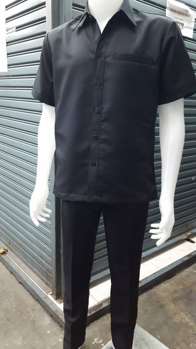 ชุดซาฟารีผู้ชาย-แบบกระเป๋าเจาะ-ผ้าลีวาย-ชุด-รปภ-เสื้อ-กางเกง-ชุดยูนิฟอร์มมรสีดำ-กรม-พร้อมส่ง