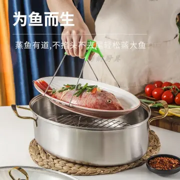 Oukaning Stainless Steel Oval Steamer Cookware Fish Steamer Multifunctional Fish Steamer Roasting Pan w/ Lid, Size: 37.8, Silver