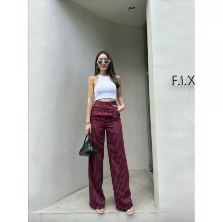 yolanda-stripe-high-waist-pantกรี๊ดดมาก-ดีไซส์ใหม่เข้า-ผ้าเดียวกัน-กางเกงเอวสูง-กางเกงขากระบอก-กางเกงแฟชั่น-กางเกงลายทาง