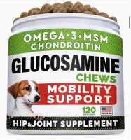 GLUCOSAMINE อาหารเสริมข้อต่อ การเคลื่อนไหว บรรเทาอาการปวดข้อ ดูแลสะโพกและข้อต่อของสุนัข 120 เม็ดเคี้ยว จาก U.S.A. ??