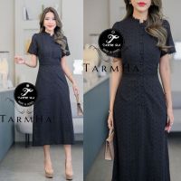 เดรสดำออกงาน!!! S-5XL Dress เดรสสีดำแขนสั้นผ้าฉลุลายกระดุมหน้า งานป้าย Tarm Ha