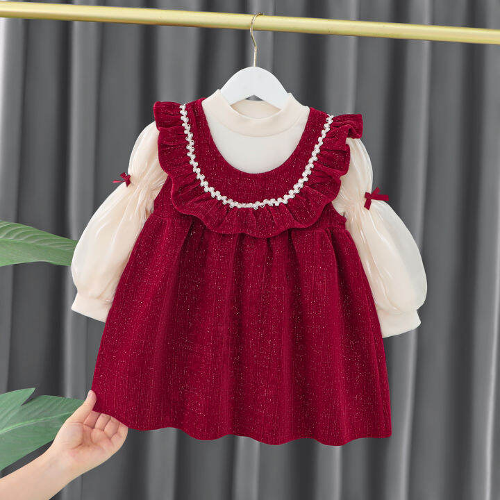 Girls' Autumn Dress Western Style Kids' Skirt Babies' Dress Red