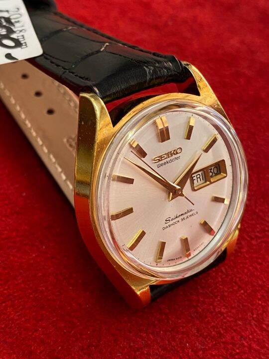 seiko-weekdater-seikomatic-diashock-35-jewels-automatic-ฝาหลังราชาปลาโลมาสวมมงกุฎ-ตัวเรือนทองหุ้ม-นาฬิกาผู้ชาย-มือสองของแท้