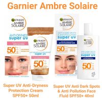 Garnier Ambre Solaire
Super UV Anti-Dryness
Protection Cream/Anti-Dark Spots &amp; Anti-Pollution
Protection Invisible Fluid