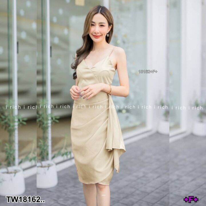 18162-dress-เดรสสายเดี่ยว-แต่งจีบระบายตรงเอว-ผ้าซาร่าเงา-มีซิปหลัง