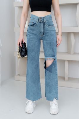 กางเกงยีนส์แฟชั่นสวยๆเข้าใหม่ค่ะ  สีสวยโนว์ทรายแต่งขาดเข่าข้างเดียวเท่มาก S M L XL 2x 3x ป้าย 2511 jeans ผ้าเนื้อดีหยาไม่บาง