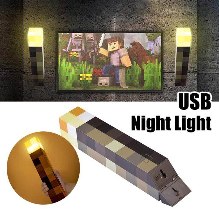 28CM Minecraft Brownstone Pixel Torch Hand Held Rechargeable LED Torch