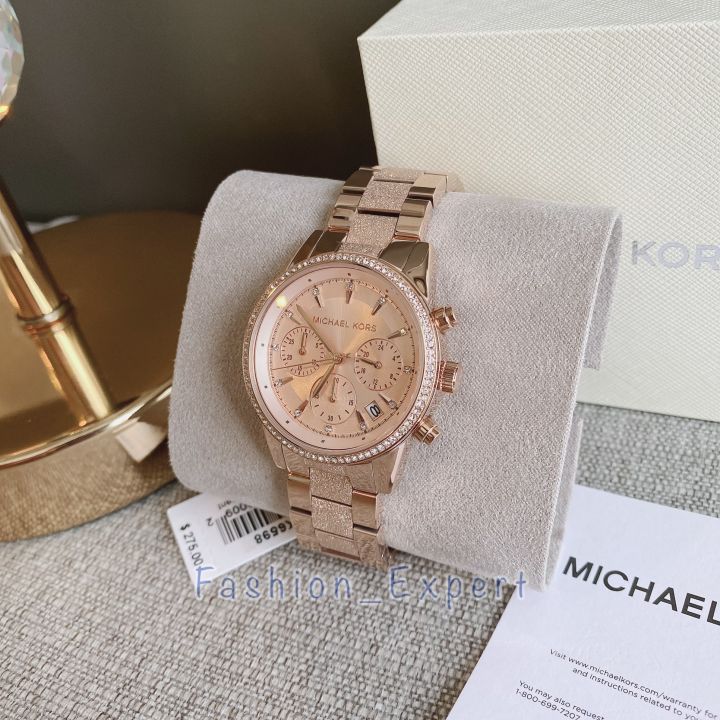 ของแท้100-นาฬิกาผู้หญิง-สีโรสโกลด์-michael-kors-mk6598-ritz-quartz-chronograph-rose