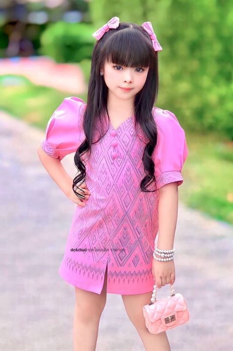 de-09-เดรสผ้าไทย-แขนตุ๊กตา-ใส่ได้ทุกโอกาส-ชุดไทยเด็กหญิง-ชุดไทยประยุกต์