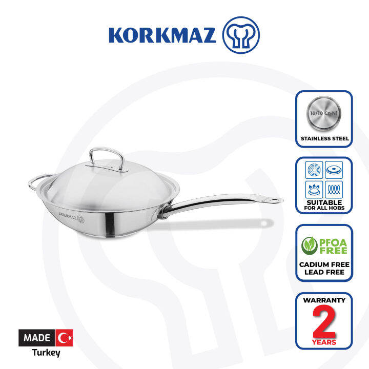 Korkmaz Proline 32x9cm Stainless Steel Wok with Lid Induction