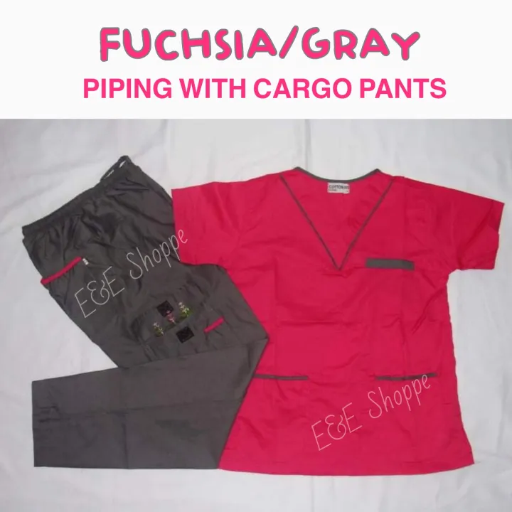 Scrub Suit Set Unisex Fuchsia Gray Piping With Cargo Pants Lazada Ph 6011