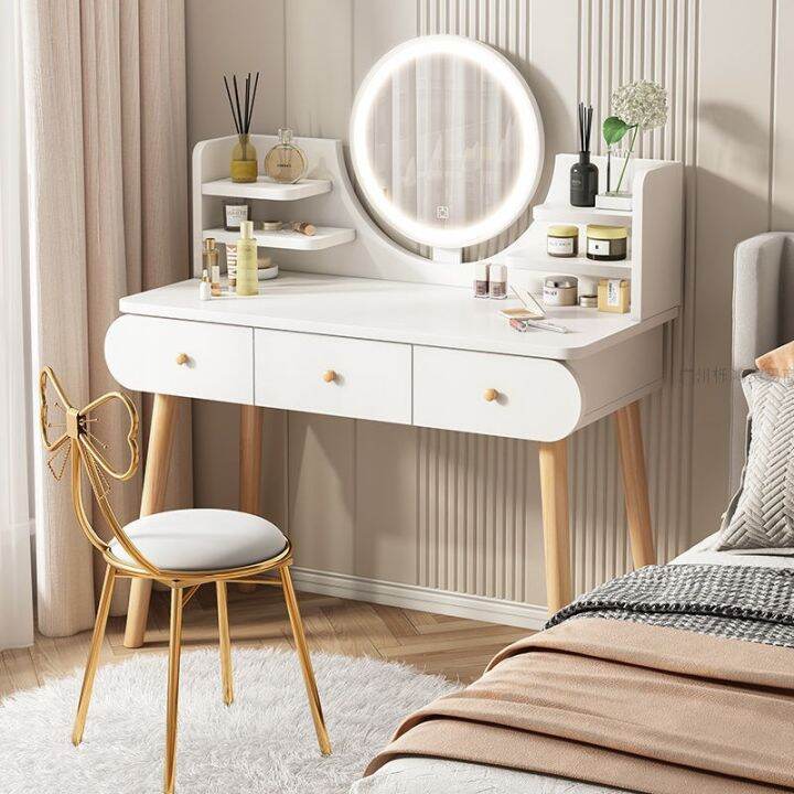【LED Lights】Mirror Damage Warranty Vanity Table With LED Mirror Dresser Home Bedroom Solid Wood