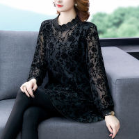 ร้อน, ร้อน★Fat Mom Fall/Winter XL Inner Wear Belly Covering Slimming Jacquard Lace Shirt Western Style Shirt Loose Blouse Women