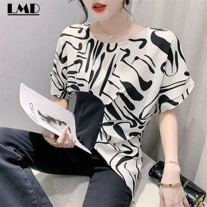 Lmd Mùa Hè Vòng Cổ Đơn Giản Mới Thời Trang In Hình Học Chắp Vá Áo Voan Ngắn  Tay Phong Cách Hàn Quốc Nữ Xếp Li Eo Không Đều Áo Blouse Thanh