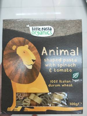 Little Pasta Organics Animal Shaped Pasta 300g. พาสต้าแป้งข้าวสาลีผสมผักโขม และ มะเขือเทศ รูปสัตว์ 300กรัม