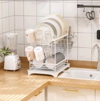 ชั้นวางจาน 2 ชั้น มีท่อระบายน้ำปรับได้ ที่พักจาน ถอดประกอบง่าย Multifunctional 2-layer dishes rack drainer storage