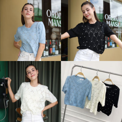 Diamond Knitting เสื้อไหมพรมแขนสั้น ติดเพชรวิบวับ เนื้อผ้ายืดได้เยอะ