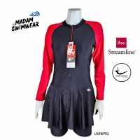 (Size S,M,L,XL) ชุดว่ายน้ำผู้หญิงแขนยาว กระโปรงติดกัน สีแดง ดำ BSC Streamline