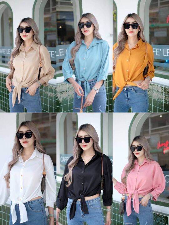 เสื้อครอป-ปกเชิ้ต-ผูกหน้า-ฟรีไซร้-อก36-40-ยาว-22