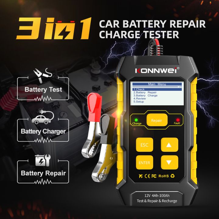 KONNWEI 3 in 1 KW510 5-Amp Fully Automatic Battery Charger, 12V Car Battery  Tester Smart Charger Automotive Pulse Repair Maintainer, Trickle Charger  Battery Desulfator w/Temp Compensation 