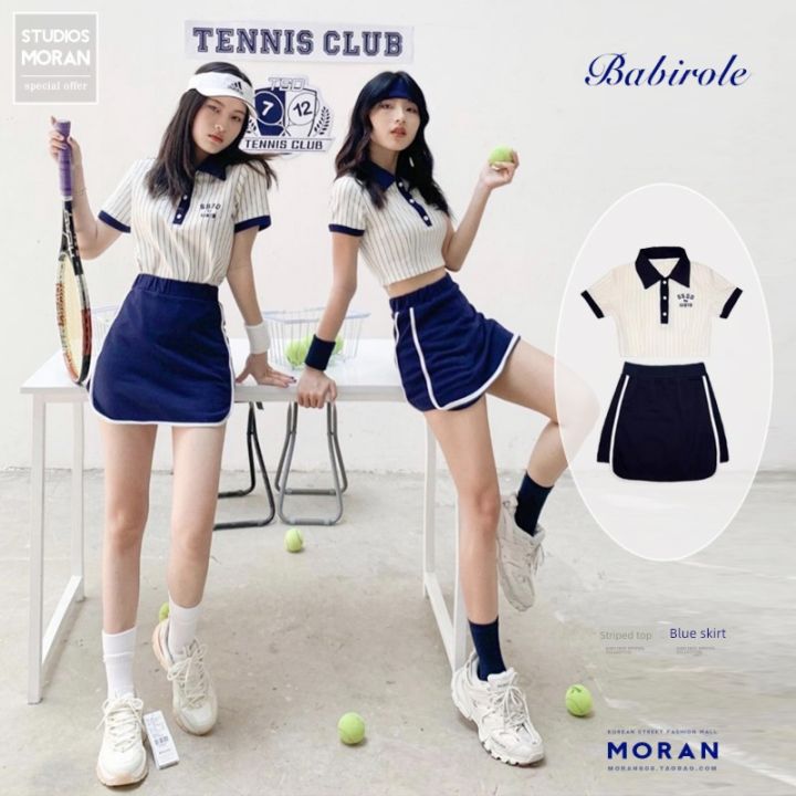 Tennis Sports Style Striped American Style Hip Package Two-Piece Set