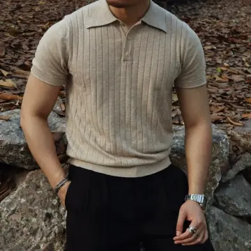 Ice silk thin style hollowed out knitted lapel short sleeve men