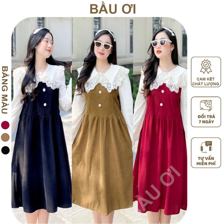 BAUOII V153] VÁY BẦU THU ĐÔNG DÀI TAY CHẤT NHUNG TĂM ĐẸP CỔ PHỐI ...