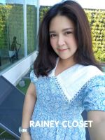 RAINEY CLOSET - Dress ปกฉลุไฮโซ เดรสสีฟ้าลายดอก ปกฉลุ ลุคคุณหนู Style Korea