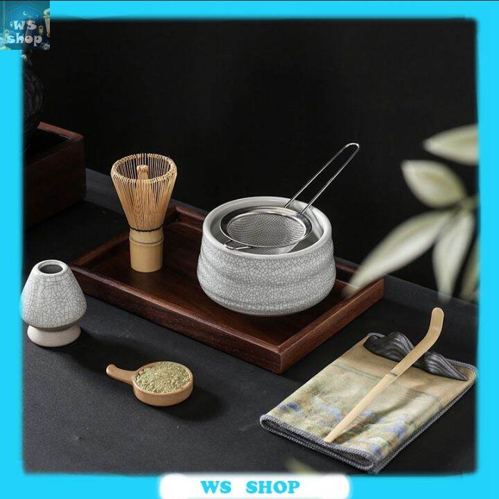 Green Ceramc Matcha Bowl Set Wth Spout Bamboo Whsk And Chasen Holder