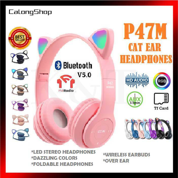 ♋【COD】P47M Bluetooth Wireless Headphones with cat ears Stereo Bass Headset cat Headphone