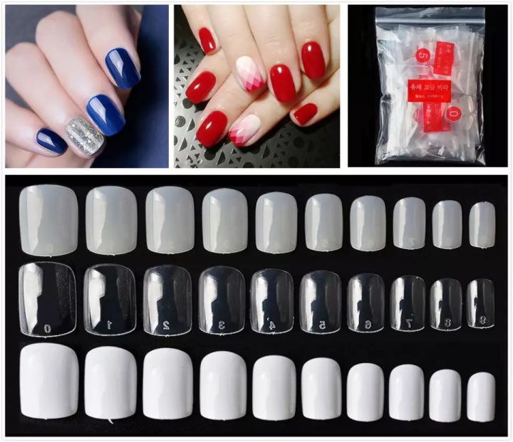เล็บปลอม-เล็บพีสีซี-เล็บสั้นกุด-เล็บสั้น-500pcs-pack-short-round-false-nails-transparent-natural-white-fake-nail-artificial-full-cover-uv-gel-diy-manicure-set