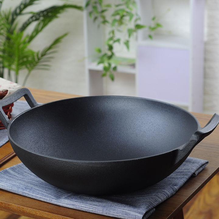 Thick Old-Fashioned Flats Cast Iron Wok Non-Coated Non-Stick round Bottom  Large Raw Iron Pot Stew Pot Induction Cooker Applicable to Gas Stove