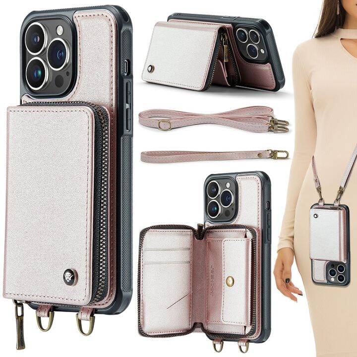 for iPhone 13 Pro Max Wallet Case Crossbody Strap, Zipper Phone Case with  Card Holder Wrist Strap Purse Cover with Kickstand Compatible with iPhone  13